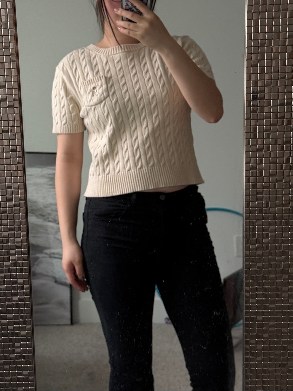 Cream Cable Knit Short Sleeve Sweater